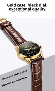 Detail view of gold quartz watch with black dial and brown crocodile leather strap