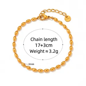 French vintage stainless steel gold oval bead bracelet with 17+3cm chain length and clasp