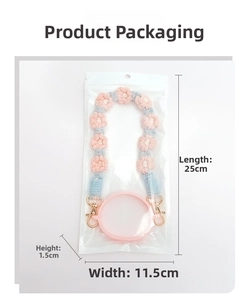 Detail view of woven flower cup lanyard with silicone ring in transparent packaging