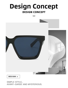 Detail view of square black sunglasses with dark blue-grey lenses in minimalist style