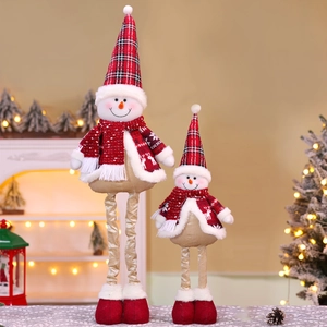 Detail of telescopic Christmas snowmen with red plaid hats in a festive home setting