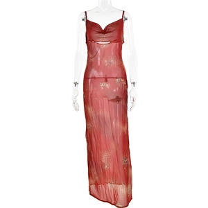 Détail d'une robe léopard rouge transparente montrant la texture du tissu léger