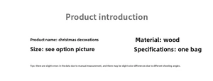 Information card of natural wooden Christmas ornaments detailing material and package specs