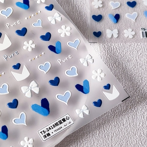 Embossed Relief Nail Stickers Blue Heart Flower Bow Design Self Adhesive Decals For DIY Manicure Decor