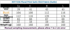 Tableau des tailles détaillé pour chemisier élégant en satin à fleurs avec mesures