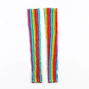 Detailed close-up of colorful rainbow striped hollow mesh arm warmers with knit texture
