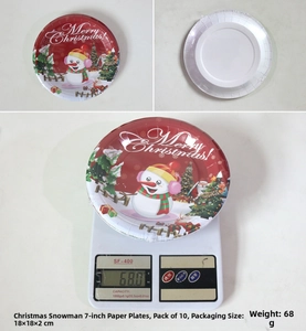 7 inch Christmas snowman paper plates with Merry Christmas greeting and size measurements