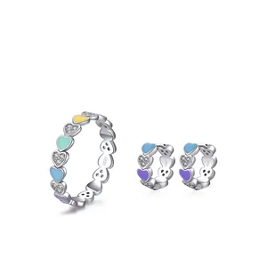 S925 Sterling Silver jewelry set with heart enamel rings and crystal earrings