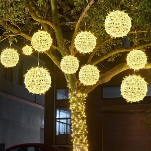Catena Luminosa LED In Rattan Da Esterno Impermeabile Sfera Intrecciata Lampade Sospese Solare Telecomando Decorazione Giardino