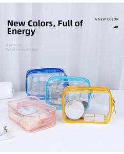 Detail showing waterproof PVC cosmetic bags in four vibrant colors with zipper closures