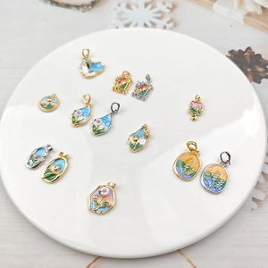 Enamel rose and landscape oil painting style pendants for DIY pearl necklaces