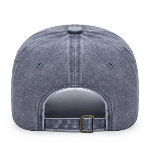 Back view of washed gray baseball cap featuring vintage cotton texture and metal buckle