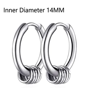 Hip hop silver stainless steel hoop earrings with 14mm diameter and small hanging rings
