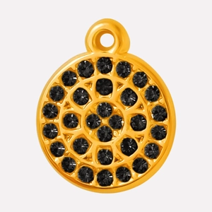 Detailed view of round gold pendant with black rhinestones and minimalist steel design