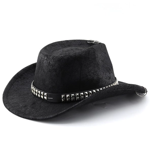 Chapeau de cowboy classique en cuir noir avec ceinture cloutée et anneaux métal