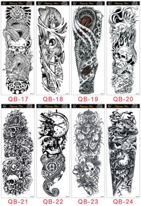 Set of 8 waterproof full arm temporary tattoos featuring skulls, dragons and gothic clocks