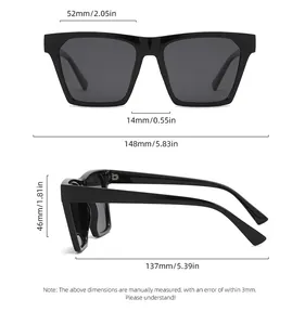 Detailed size chart for retro square sunglasses with lens and frame dimensions in mm