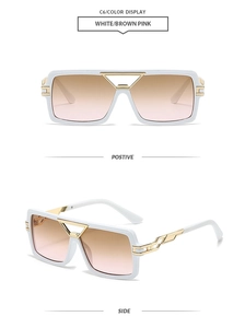 Detail of square white sunglasses with golden V-bridge and hollow metal temples