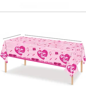 Pink party tablecloth size 274x137cm with Let's Go Party prints for girl's birthdays