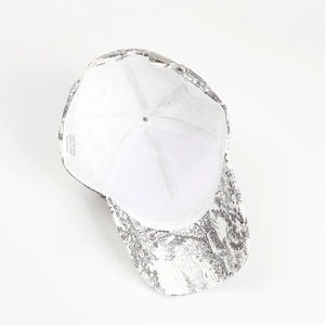 Detail of 100% cotton landscape print baseball cap with interior wash label and metal buckle