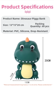 Detailed dimensions of the green PVC cartoon dinosaur piggy bank for children
