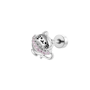 Silver cat stud earring with pink zircon micro-inlay for women cartilage piercing
