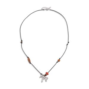 Ethnic style necklace with brown wooden beads and silver horse pendant on black cord