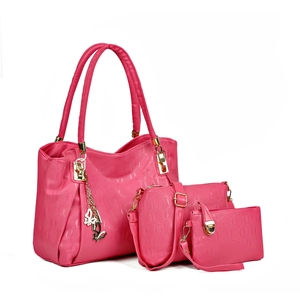 Three-piece rose pink embossed tote bag set with crossbody bag and clutch purse