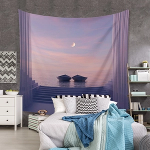 Detail view of surrealist moonlit seascape tapestry hanging in a modern bedroom