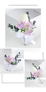 Detail of white tulip boutonniere with lavender flowers and white silk ribbon knot