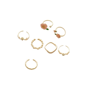 Lot de 7 bagues dorées ajustables avec fleurs en nacre rose et zircons pour femmes