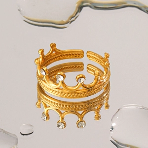 Bague Couronne Acier Inoxydable Design Ouvert Ajustable Avec Zircone Plaqué Or Bijoux De Mode Élégants Pour Femmes