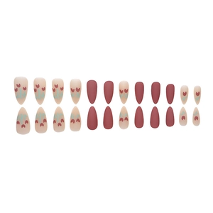 Press-on nails in matte reddish-brown and nude pink with tulip floral patterns