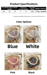 Detail view of mini sequin shell bag with pearl handle and metal chain in four colors