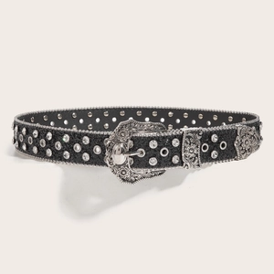 Western style rhinestone belt in black leather with vintage silver floral buckle