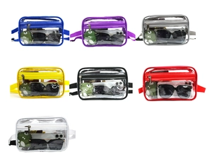 Detailed grid view showing six colors of clear PVC waterproof fanny packs with adjustable straps
