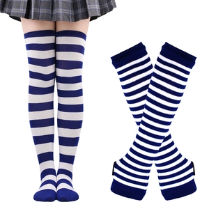 Close-up of blue and white striped over-the-knee socks and matching fingerless arm sleeves