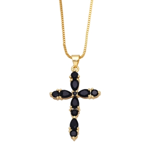 Gold cross necklace featuring black pear-cut zircons and a durable box chain