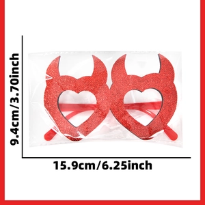 Detailed size chart showing dimensions for red glitter heart devil horn party glasses