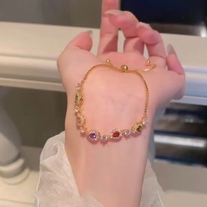 Elegant gold-plated bracelet with colorful teardrop zircons and adjustable sliding clasp