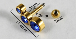 Spécifications de taille pour piercing doré 16G serti de trois cristaux bleus