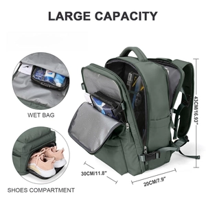 Detailed overview of green travel backpack showing wet bag and shoe compartment