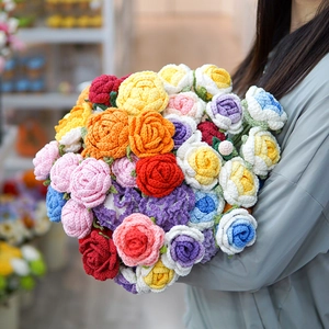 Handcrafted colorful crochet rose bouquet with vibrant knitted flowers for gifts