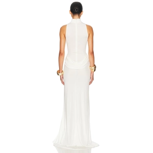 Elegant white sleeveless high neck maxi dress with waist pleats and floor-length hem