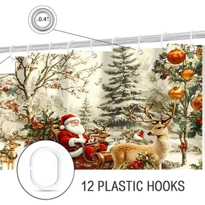Vintage Christmas shower curtain with Santa sleigh, reindeer, and 12 hooks included