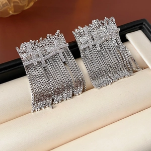 Gros plan de boucles d'oreilles à franges argentées avec strass et détails de maille