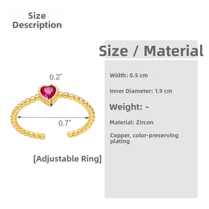 Detailed size guide for the heart open ring showing 0.5cm width and 1.9cm inner diameter