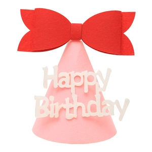 Pink felt birthday hat with red bow and Happy Birthday text for baby party