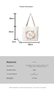 Detailed dimensions of the white canvas tote bag with pink floral happy everyday print