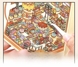 Close-up of DIY 2.5D PET sticker scenes with vending machine and scraping tool